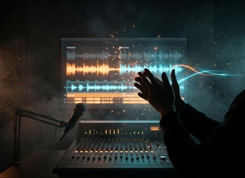 Editor syncing a clap sound to a film cut