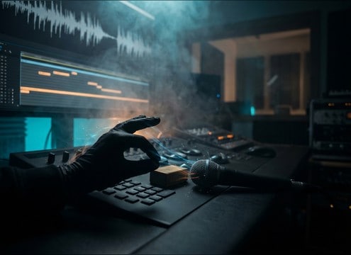 Audio drama scene with character hand foley cues