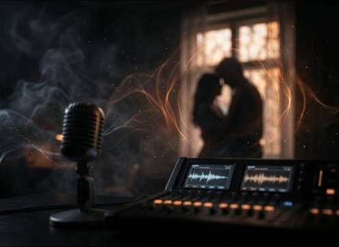 Romantic close-up scene with soft heartbeat thump accent