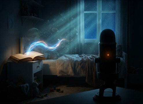 Bedtime story moment enhanced with soft heavenly chimes