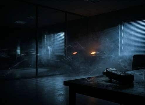 Dark hallway with distant breathing implied