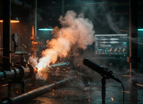 Editor placing a steam burst hiss under a pipe close-up