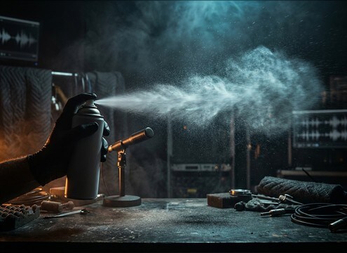 Hand pressing an aerosol can with a spray hiss