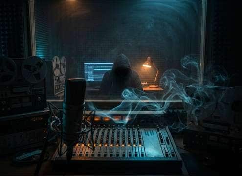 Audio drama waveform with eerie whispers and room reflections