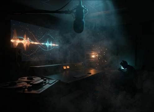 Stealth horror game scene with low drone ambience