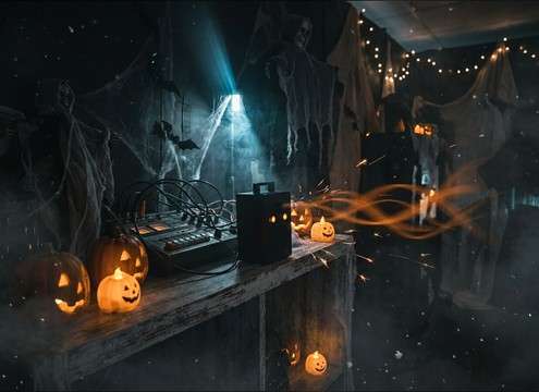 Halloween retail display with spooky sound accents