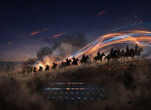 Cavalry horses charging with heavy hoofbeats