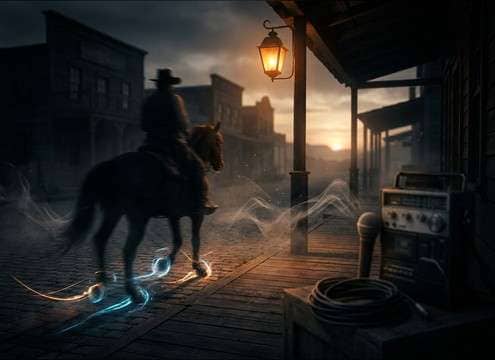 Horse trotting past storefronts in a western town
