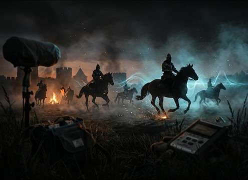 Historical riders crossing an open field