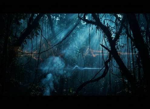 Wide rainforest shot with distant howler monkey calls