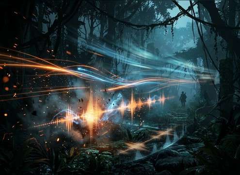 Game jungle area with proximity-based howler monkey audio cues