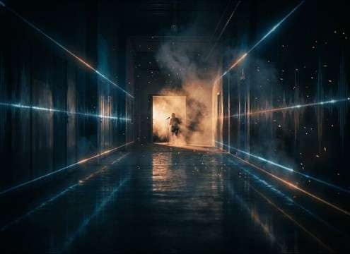 Off-screen voice reaction in a hallway scene