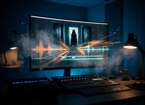 Editor placing a jumpscare stinger on a horror short film timeline