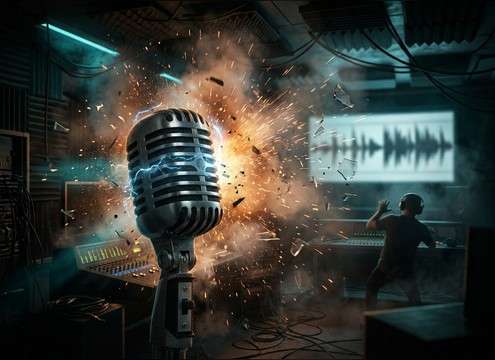 Audio drama waveform showing a whisper then jumpscare hit