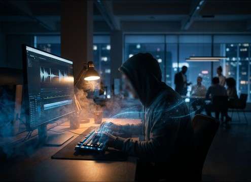 Background office keyboard typing sound under dialogue