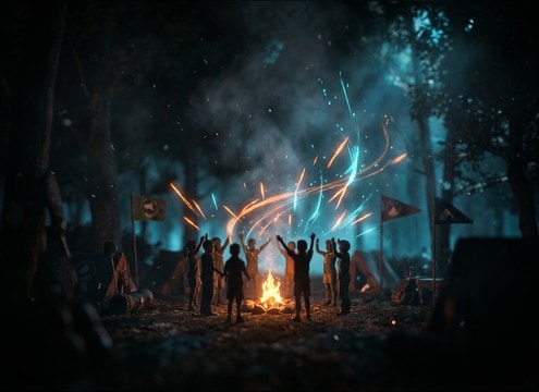 Kids camp montage with group cheering audio