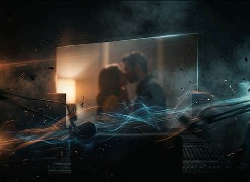 Off-screen couple implied by a distant kiss sound