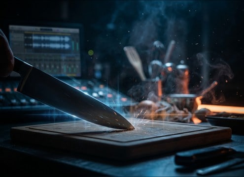 Knife slicing sounds timed to a cooking montage edit