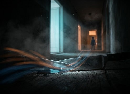 Distant knife scrape with room reflections for audio drama