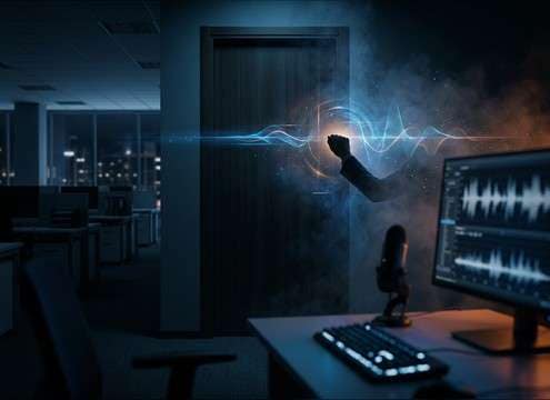 Office door knock sound layered under office ambience