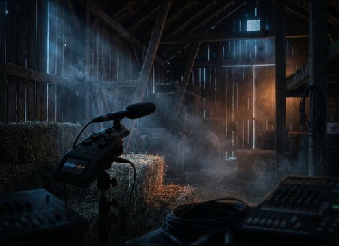 Audio drama barn interior with lamb bleat and barn echo