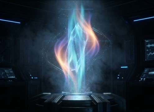 Hologram turning on with a light beam sweep sound