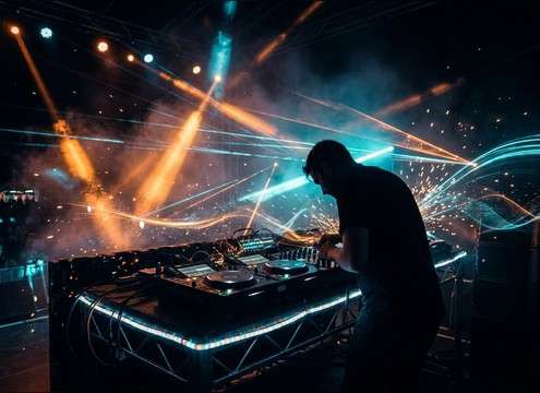 Stage lighting sweep cue with neon laser pulse sound