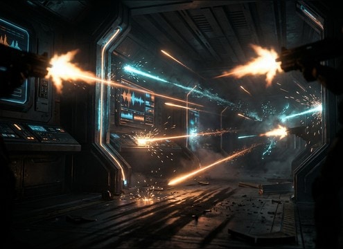 Laser blaster shots synced to sci-fi firefight edits