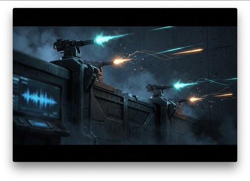 Automated turret laser volley sound effect for sci-fi corridor scene