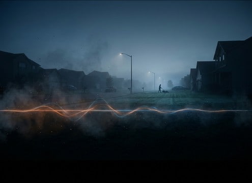 Suburban street establishing shot with distant lawn mower ambience