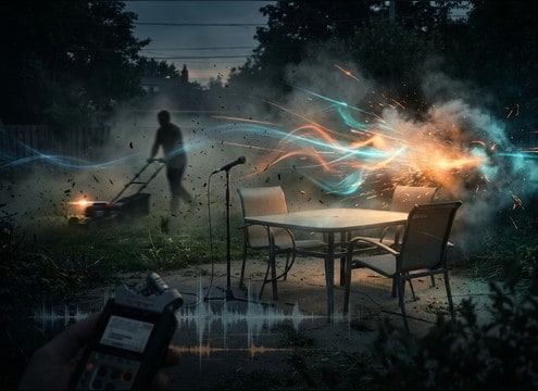 Comedy sketch backyard scene interrupted by loud lawn mower passby