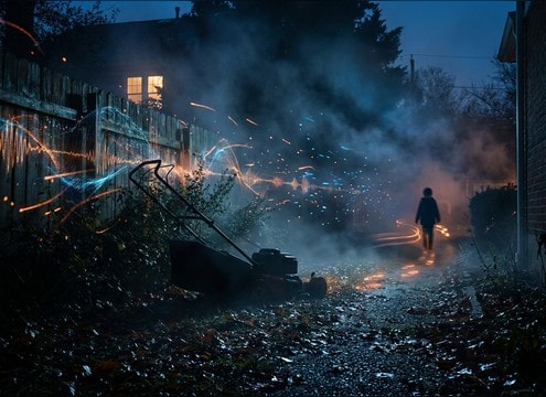Audio drama scene set in a yard with lawn mower idle in the distance