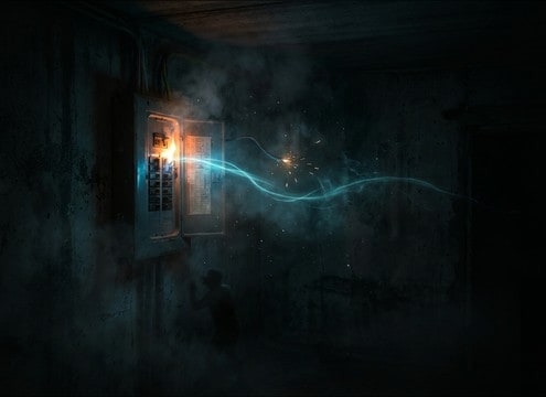 Dark hallway scene with a light switch click accent