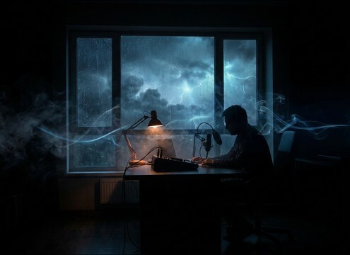 Light thunder under dialog in an indoor scene