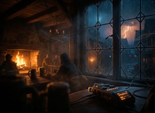 Muffled light thunder outside a tavern window ambience
