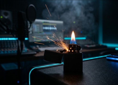 Lighter ignition sound synced to a film close-up