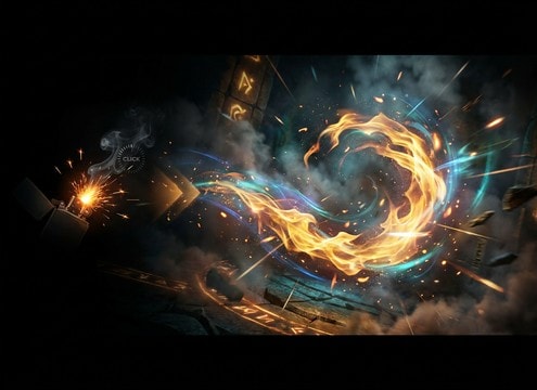 Lighter spark leading into a magic fire effect