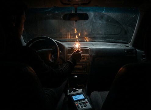 Audio drama cue using a lighter ignition in a room