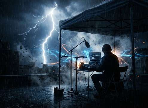Lightning strike SFX synced to a bright flash in a storm scene