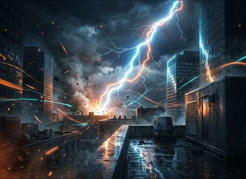 Urban echo lightning sound effect for rooftop city montage