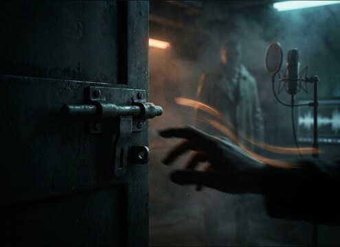 Dramatic door lock sound in an audio drama scene