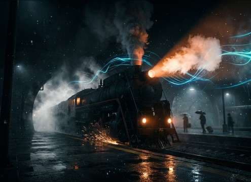 Train station arrival scene using a distant locomotive whistle