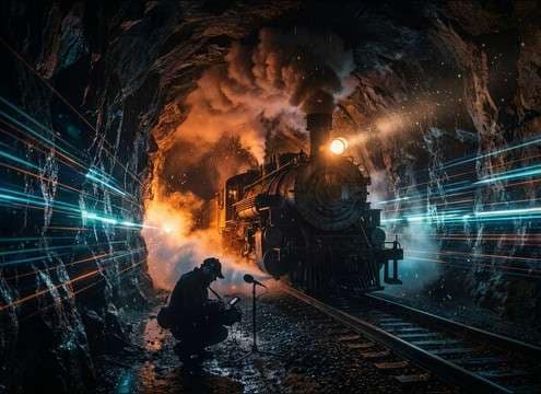 Echoing locomotive whistle in tunnel with long reverb tail