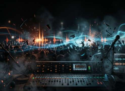 Crowd scene with scattered scream punctuations