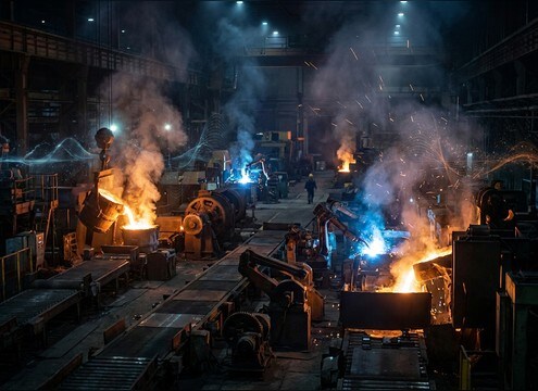 Factory interior with layered machinery ambience sound