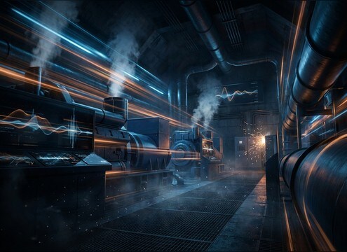 Electrical generator room with steady low-end hum ambience