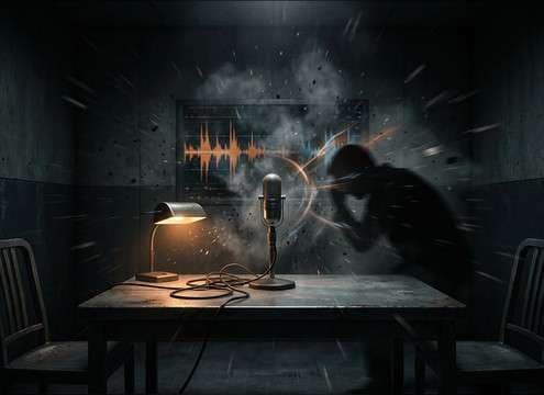 Small room interrogation scene with a dry male shout-scream effect