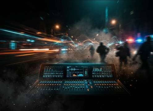Crowd panic mix with faint male scream layers behind sirens