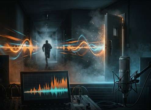 Audio drama waveform showing a long rising male scream
