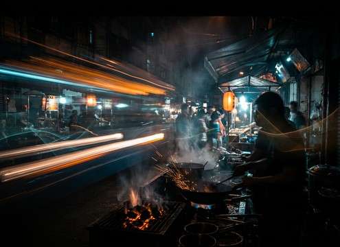 Street food market montage with crowd ambience bed